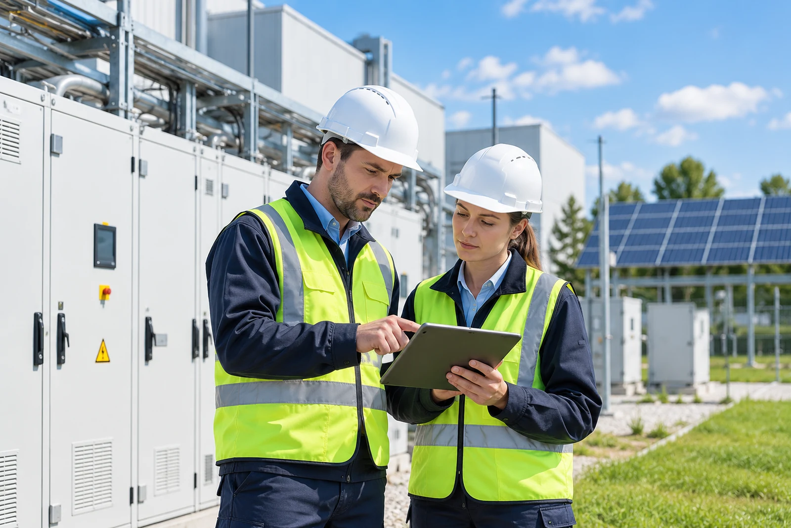 Két mérnök közösen vizsgál egy energetikai létesítményt – szemléltető kép